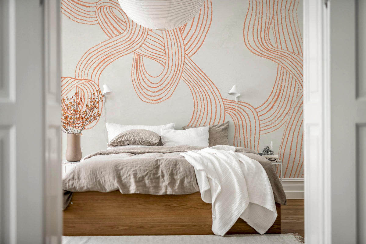 Stripes Repeatable wall mural by Rebel Walls in Orange, styled room