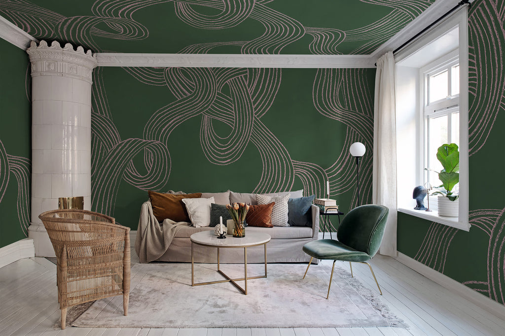 Stripes Repeatable wall mural by Rebel Walls in Green, styled room