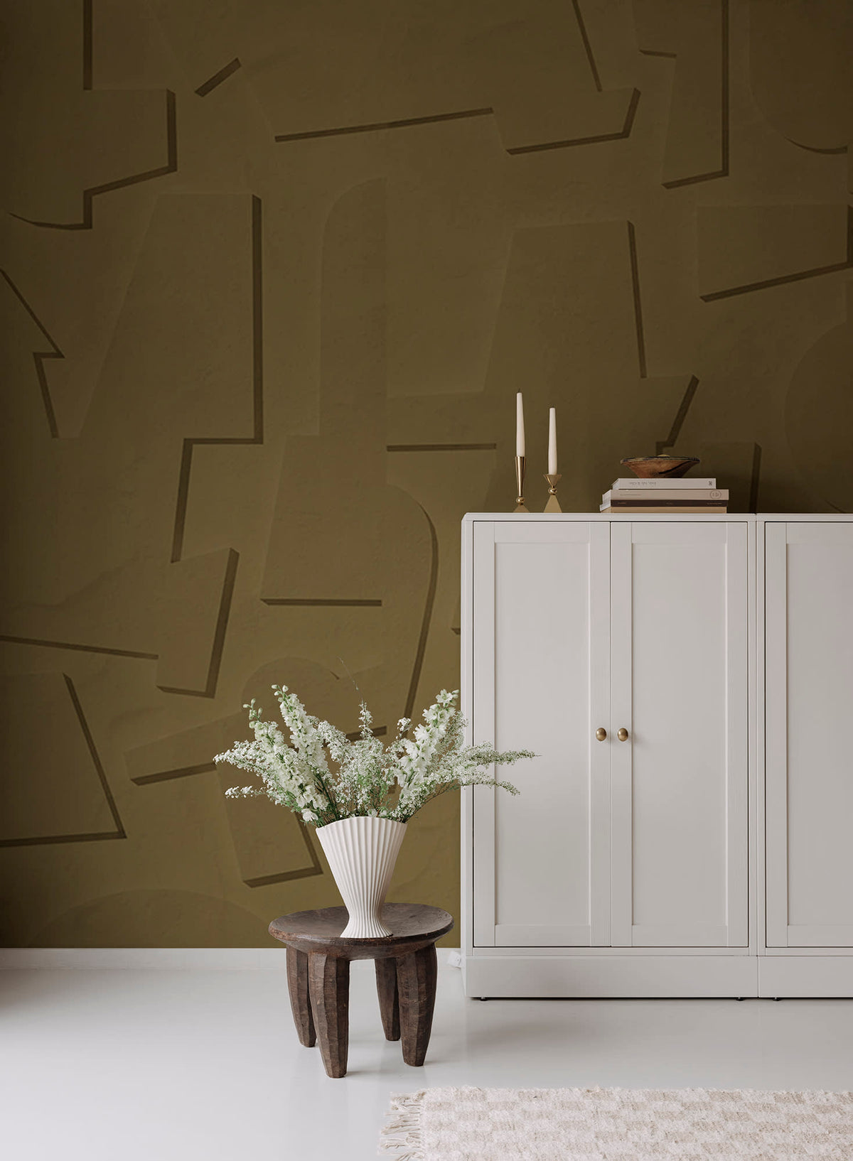 Abstract Wood wall mural by Rebel Walls in Brown, styled room