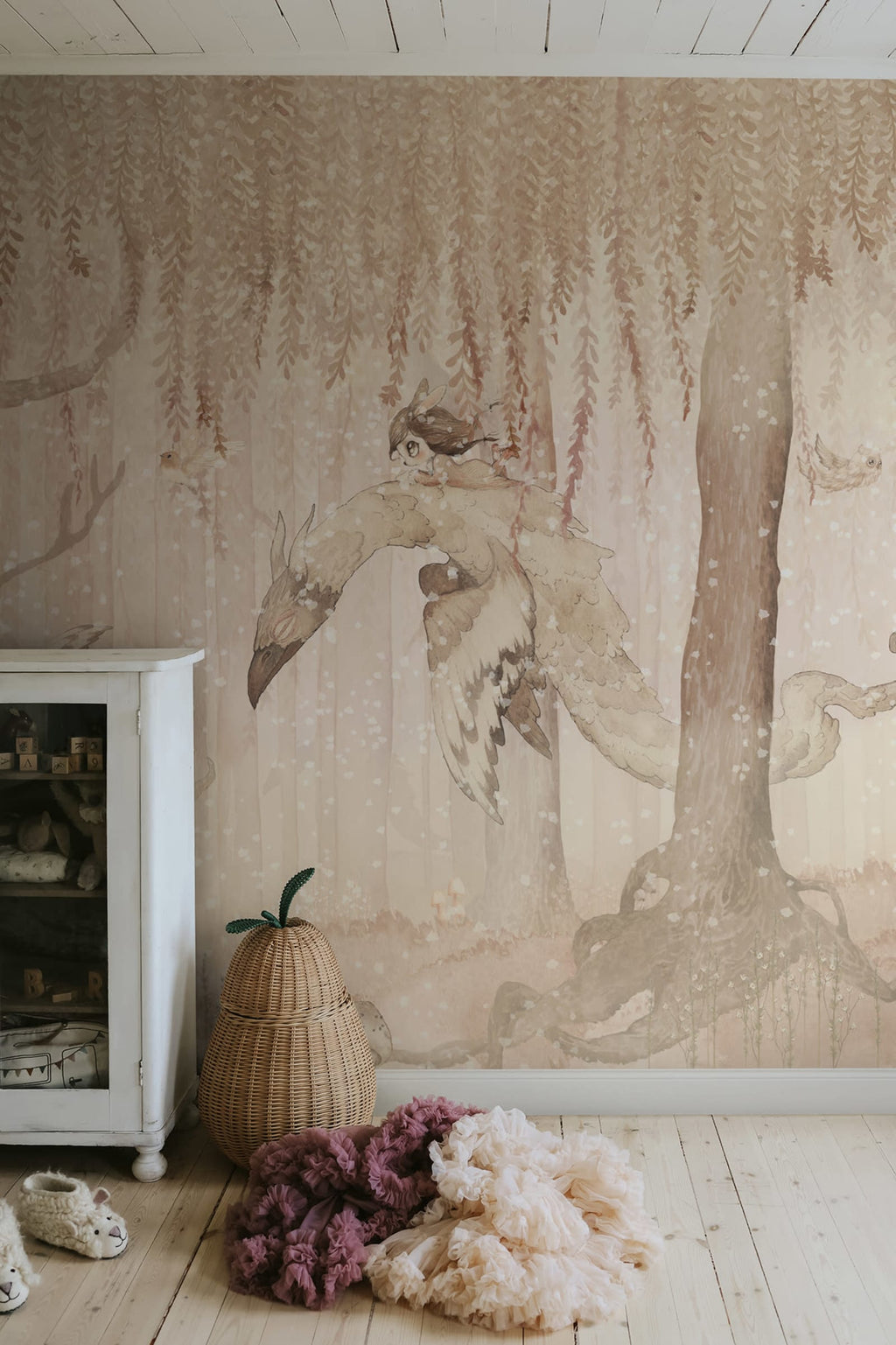 Dream Forest Girl kids wall mural by Rebel Walls in pink tones, styled in a nursery