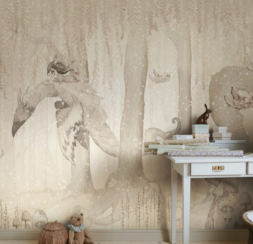 Dream Forest Girl kids wall mural by Rebel Walls in white tones, styled in a nursery