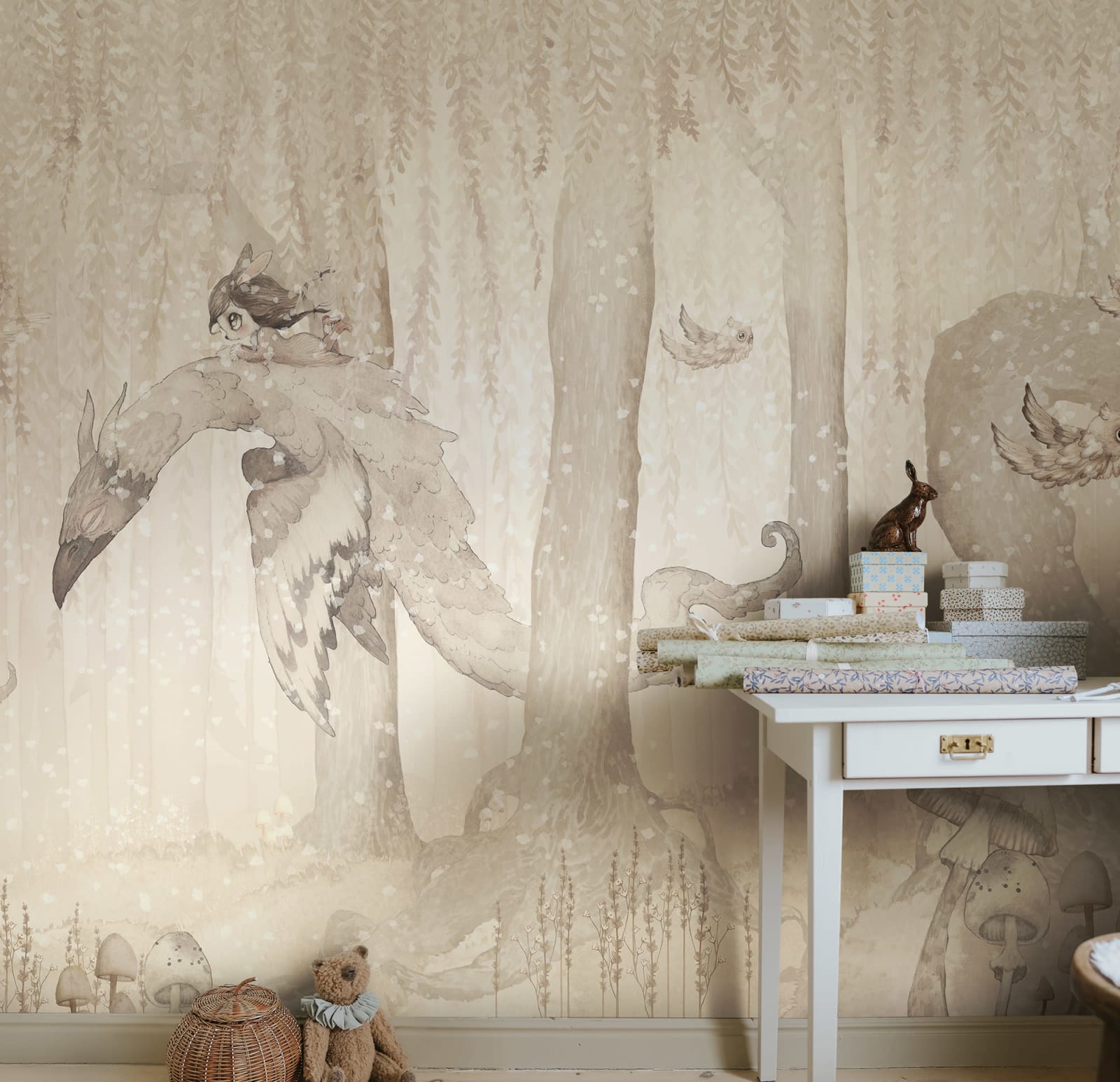 Dream Forest Girl kids wall mural by Rebel Walls in white tones, styled in a nursery