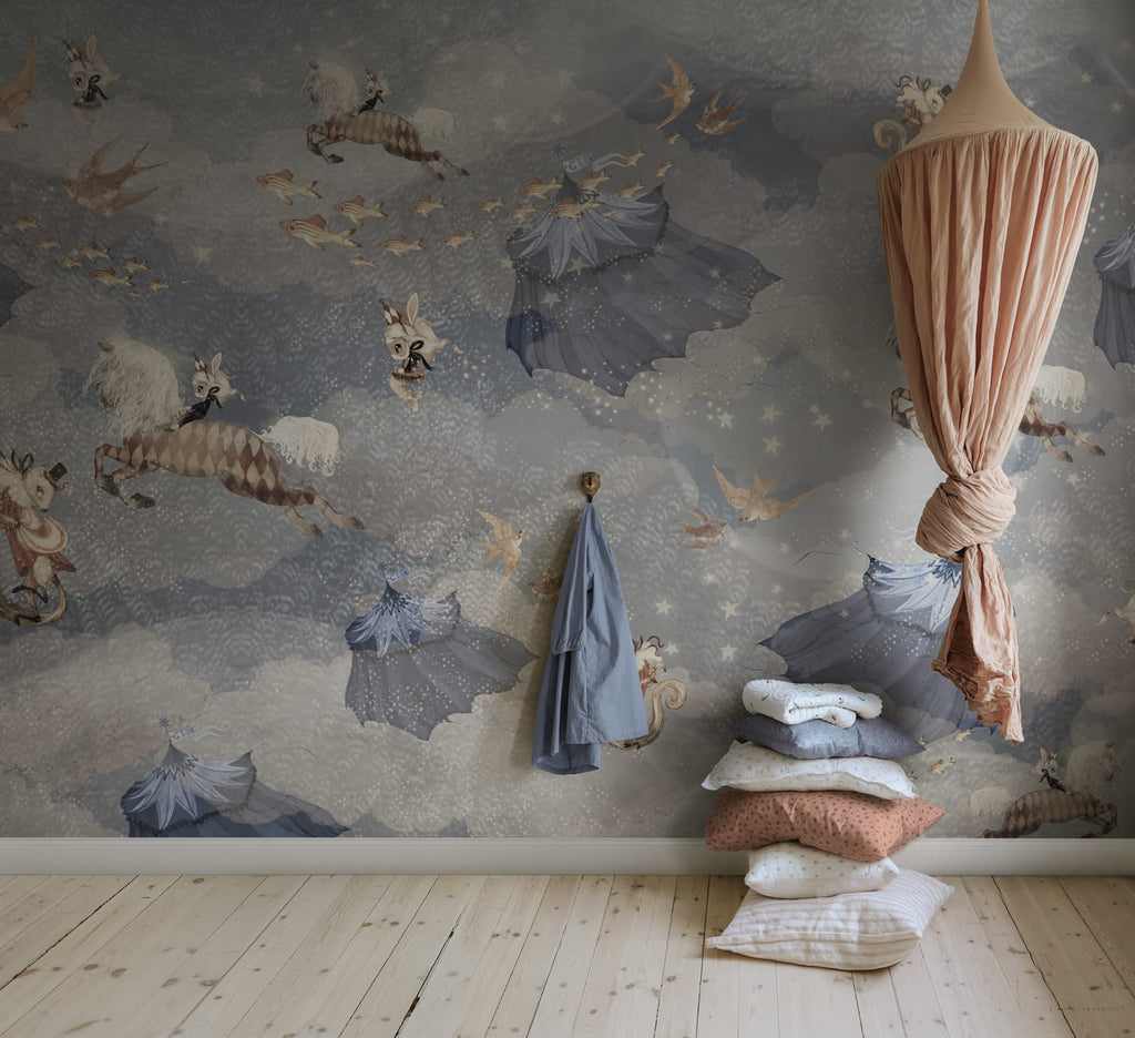 Flying Circus kids wall mural by Rebel Walls in blue tones, styled in a nursery
