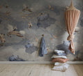 Flying Circus kids wall mural by Rebel Walls in blue tones, styled in a nursery