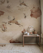 Flying Circus kids wall mural by Rebel Walls in pink tones, styled in a nursery