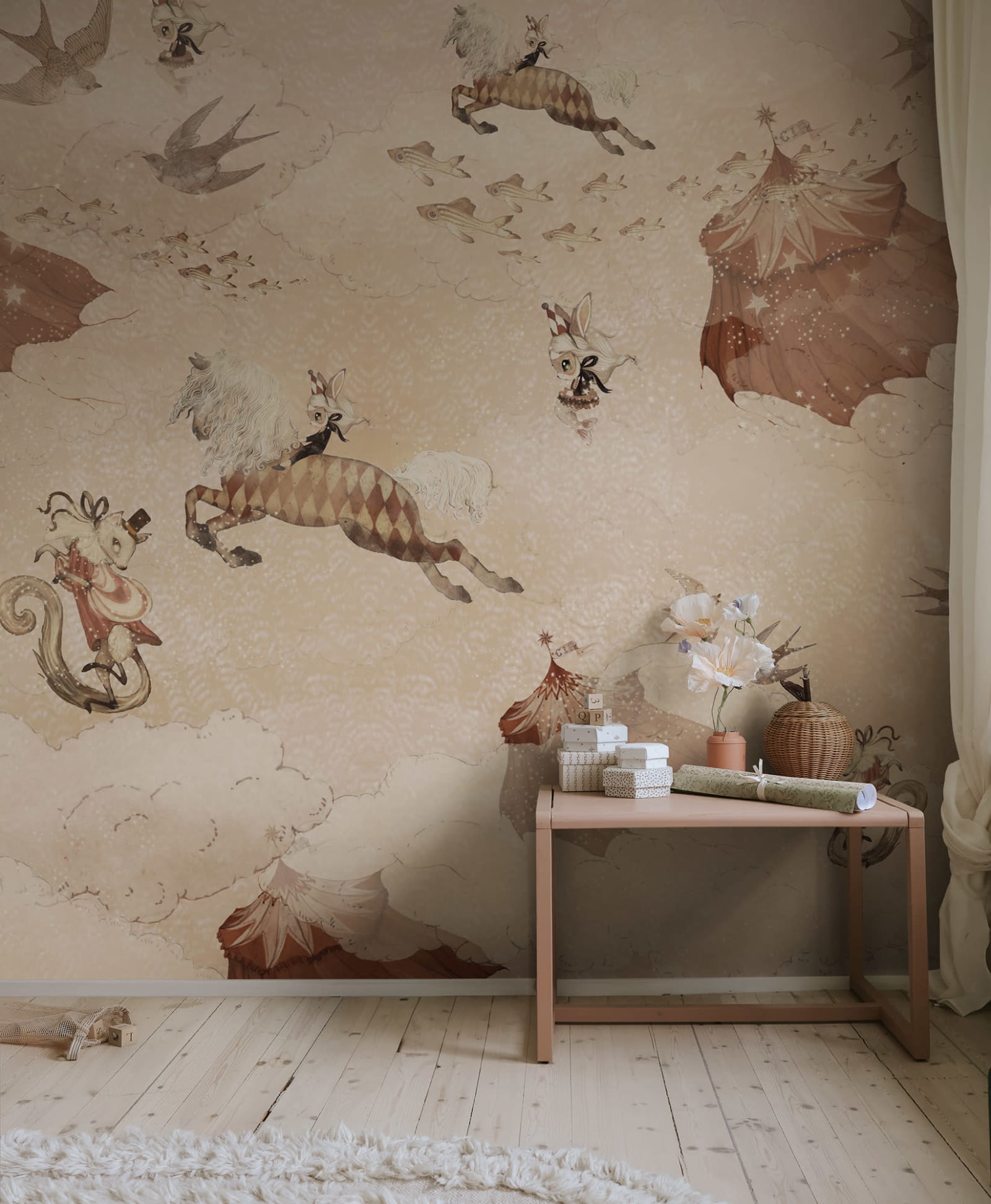 Flying Circus kids wall mural by Rebel Walls in pink tones, styled in a nursery