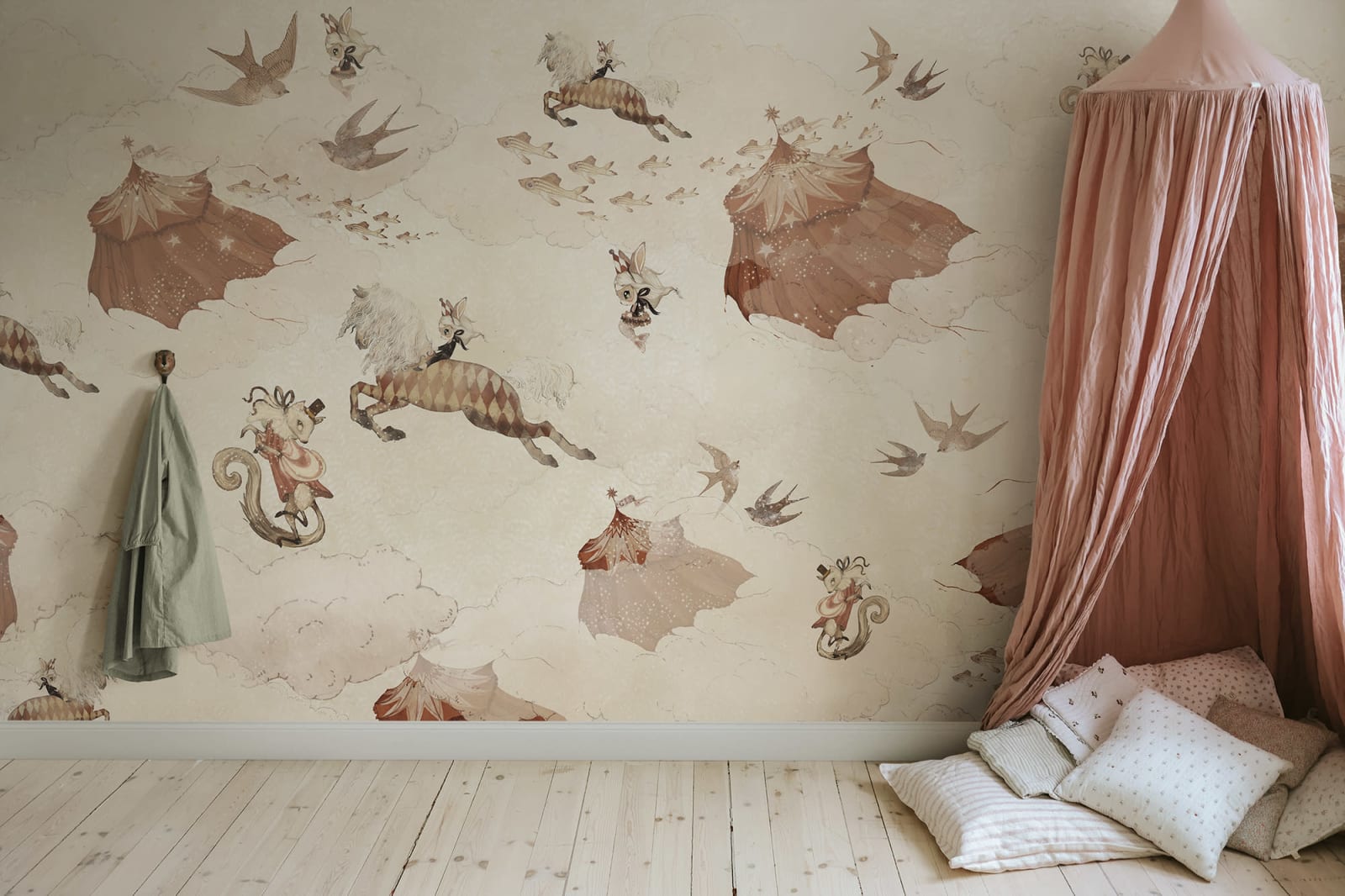 Flying Circus kids wall mural by Rebel Walls in white tones, styled in a nursery