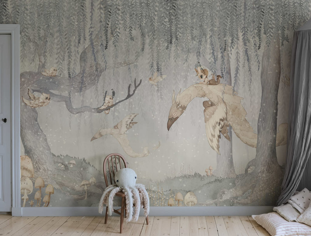Dream Forest Boy kids wall mural by Rebel Walls in blue tones, styled in a nursery