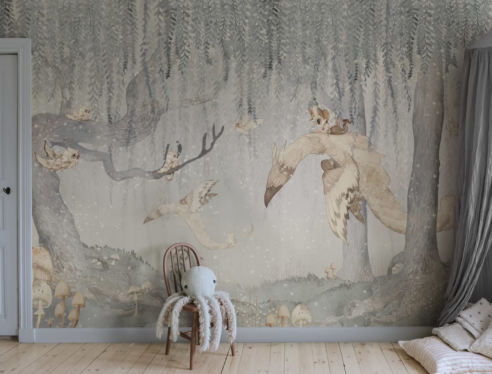 Dream Forest Boy kids wall mural by Rebel Walls in blue tones, styled in a nursery