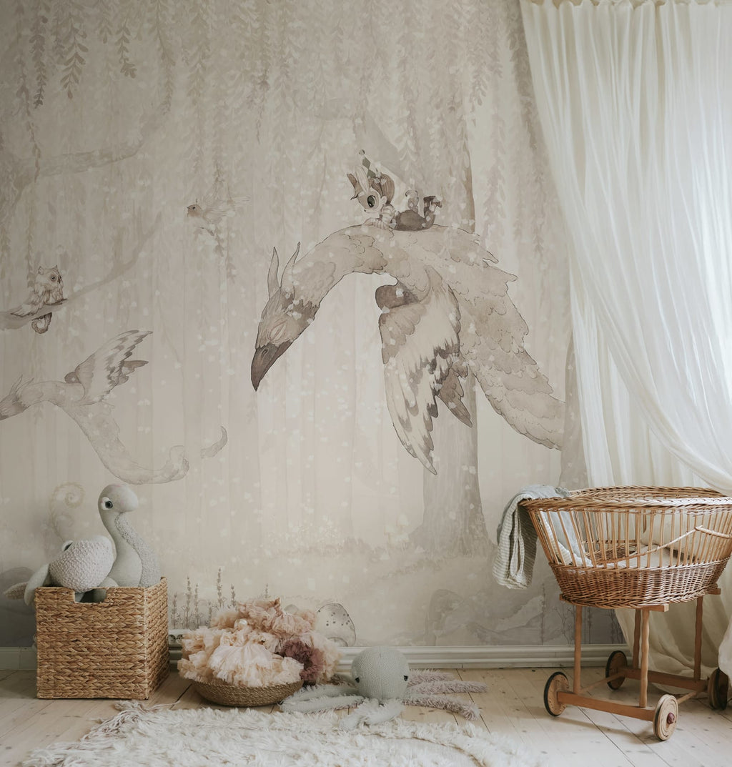 Dream Forest Boy kids wall mural by Rebel Walls in white tones, styled in a nursery