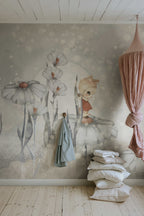 Bloomy Fields of Marion kids wall mural by Rebel Walls in grey tones, styled in a nursery