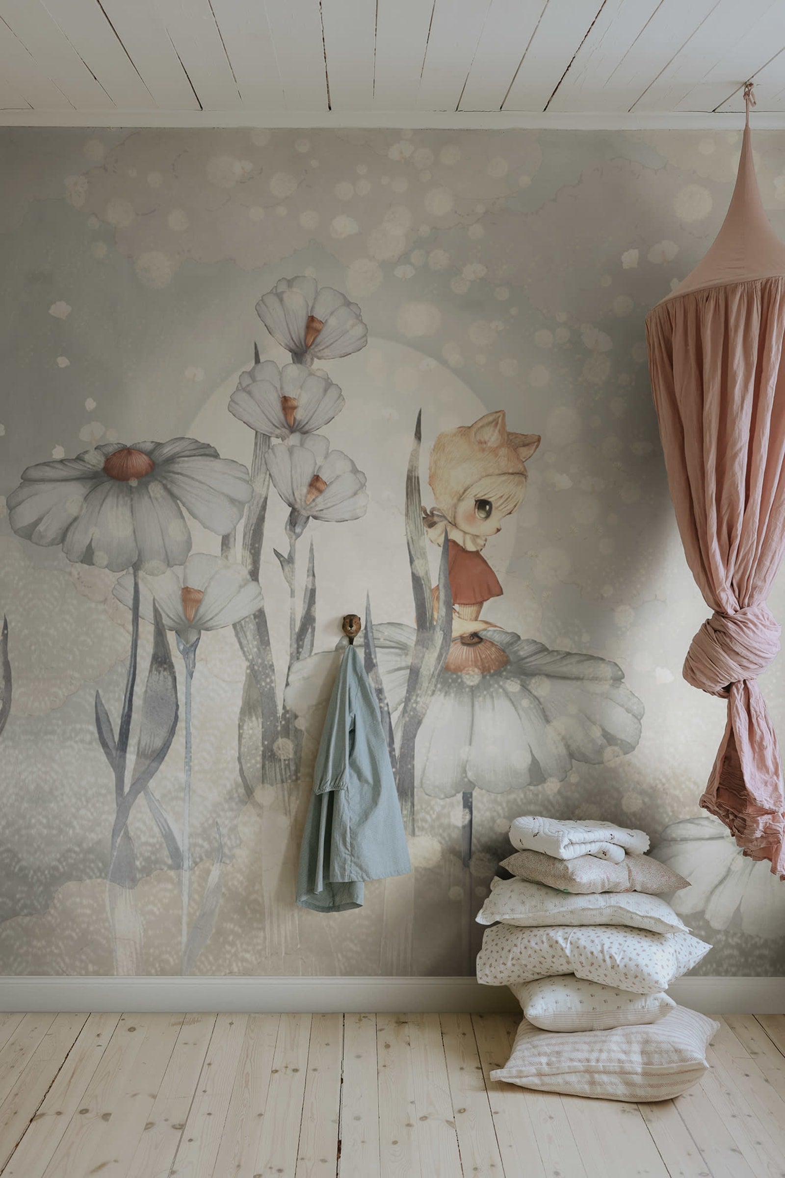 Bloomy Fields of Marion kids wall mural by Rebel Walls in grey tones, styled in a nursery