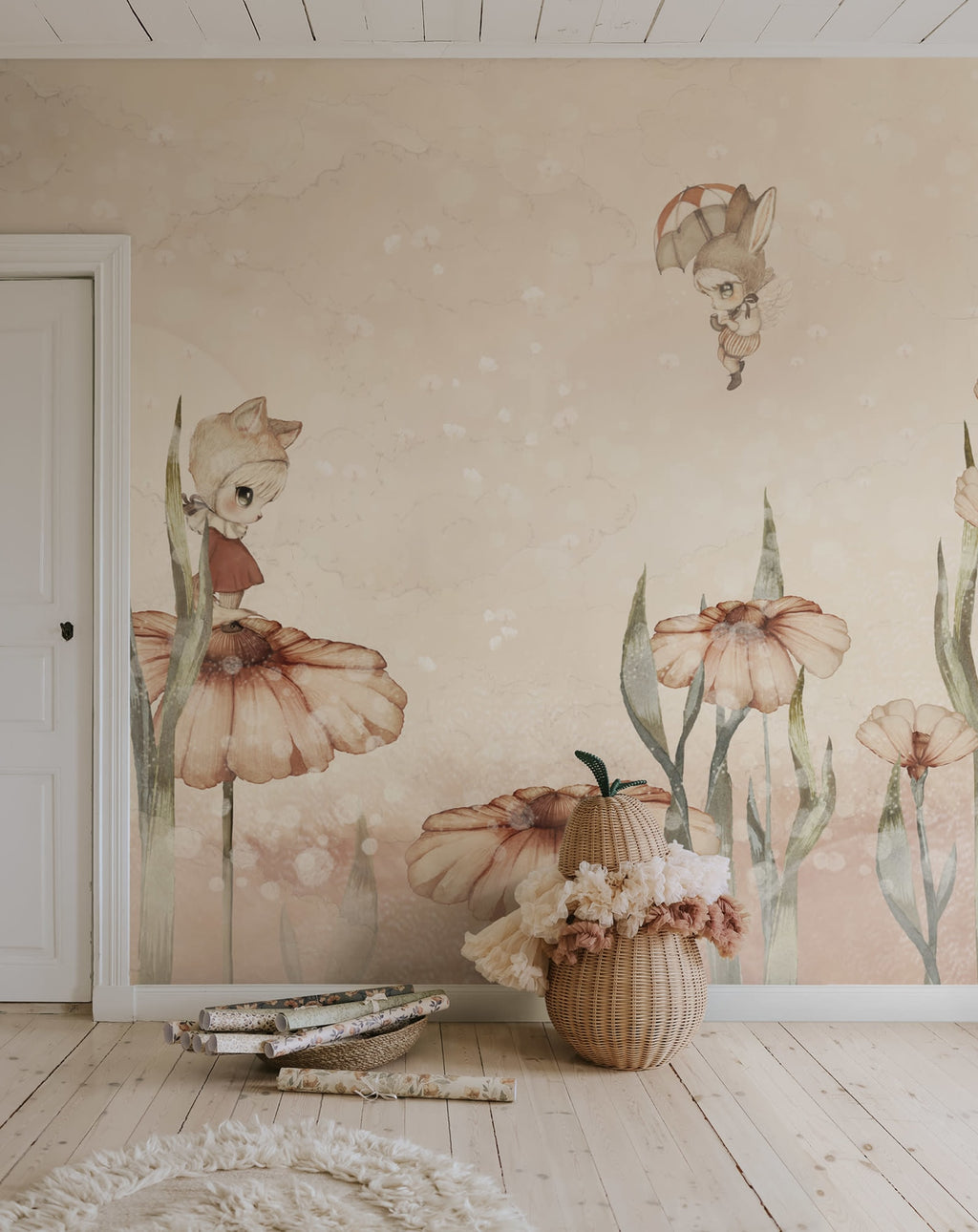 Bloomy Fields of Marion kids wall mural by Rebel Walls in pink tones, styled in a nursery
