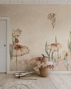 Bloomy Fields of Marion kids wall mural by Rebel Walls in pink tones, styled in a nursery