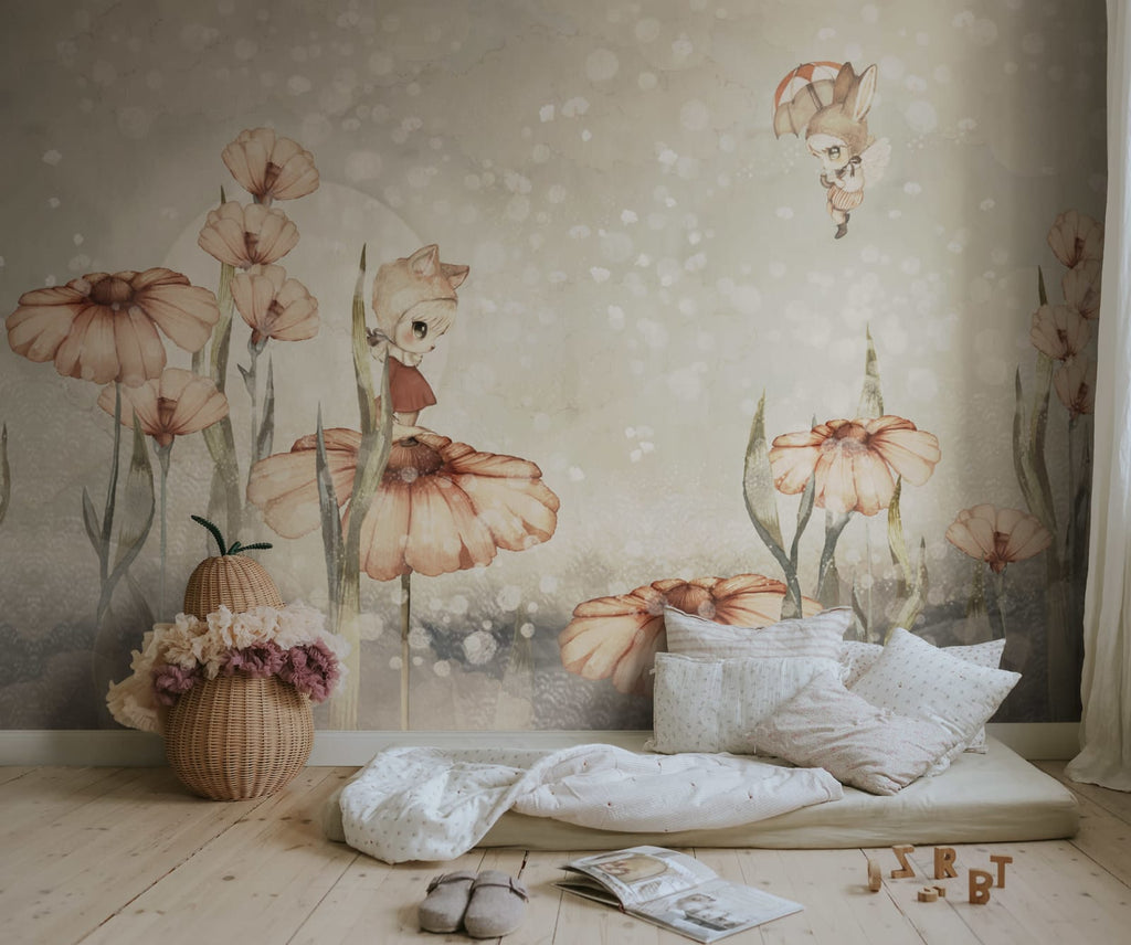 Bloomy Fields of Marion kids wall mural by Rebel Walls in green tones, styled in a nursery