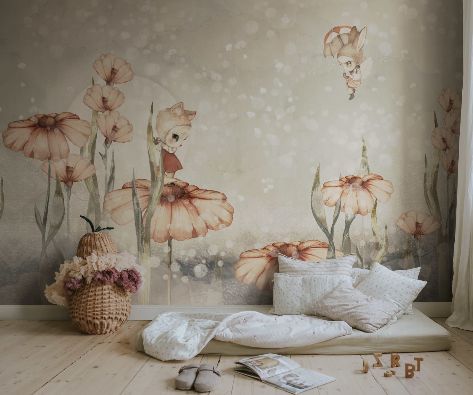 Bloomy Fields of Marion kids wall mural by Rebel Walls in green tones, styled in a nursery