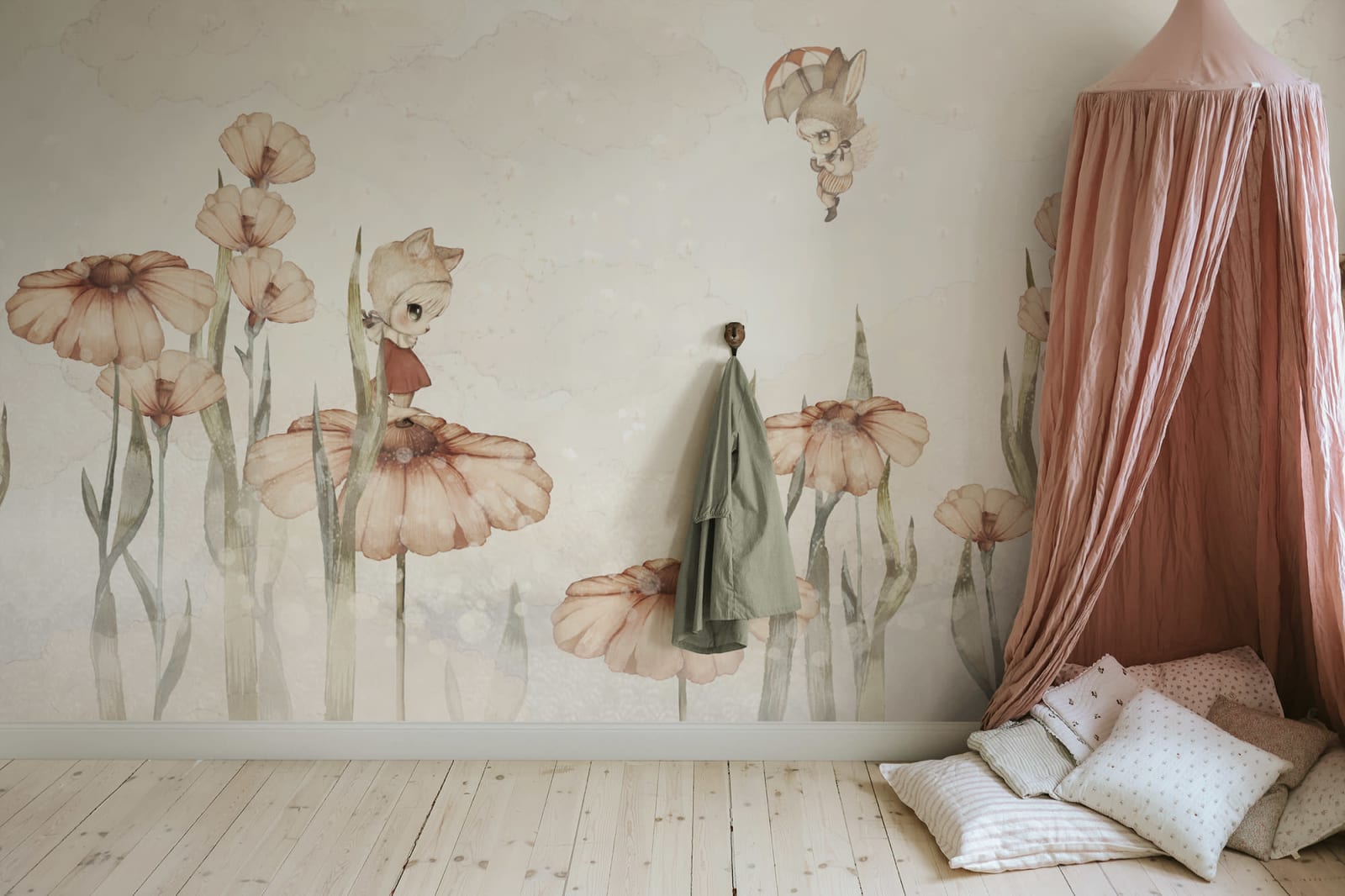 Bloomy Fields of Marion kids wall mural by Rebel Walls in white tones, styled in a nursery