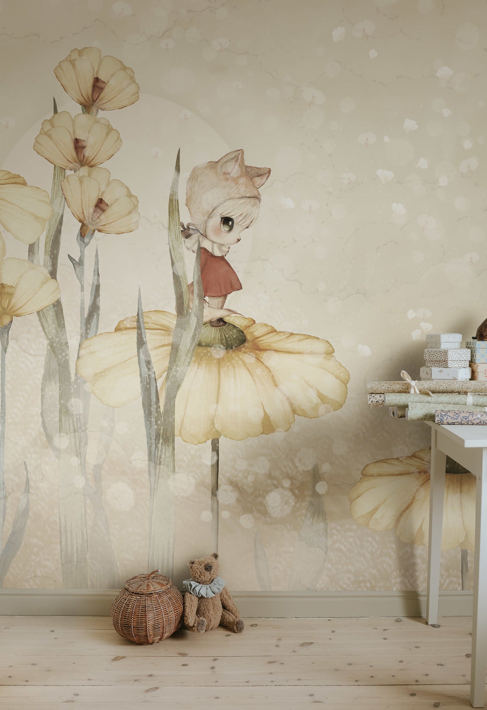 Bloomy Fields of Marion kids wall mural by Rebel Walls in yellow tones, styled in a nursery