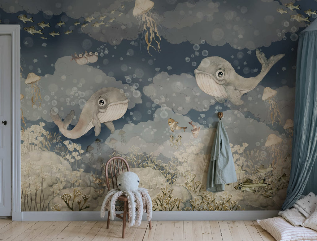Water Song kids wall mural by Rebel Walls in blue tones, styled in a nursery, styled on an interior wall