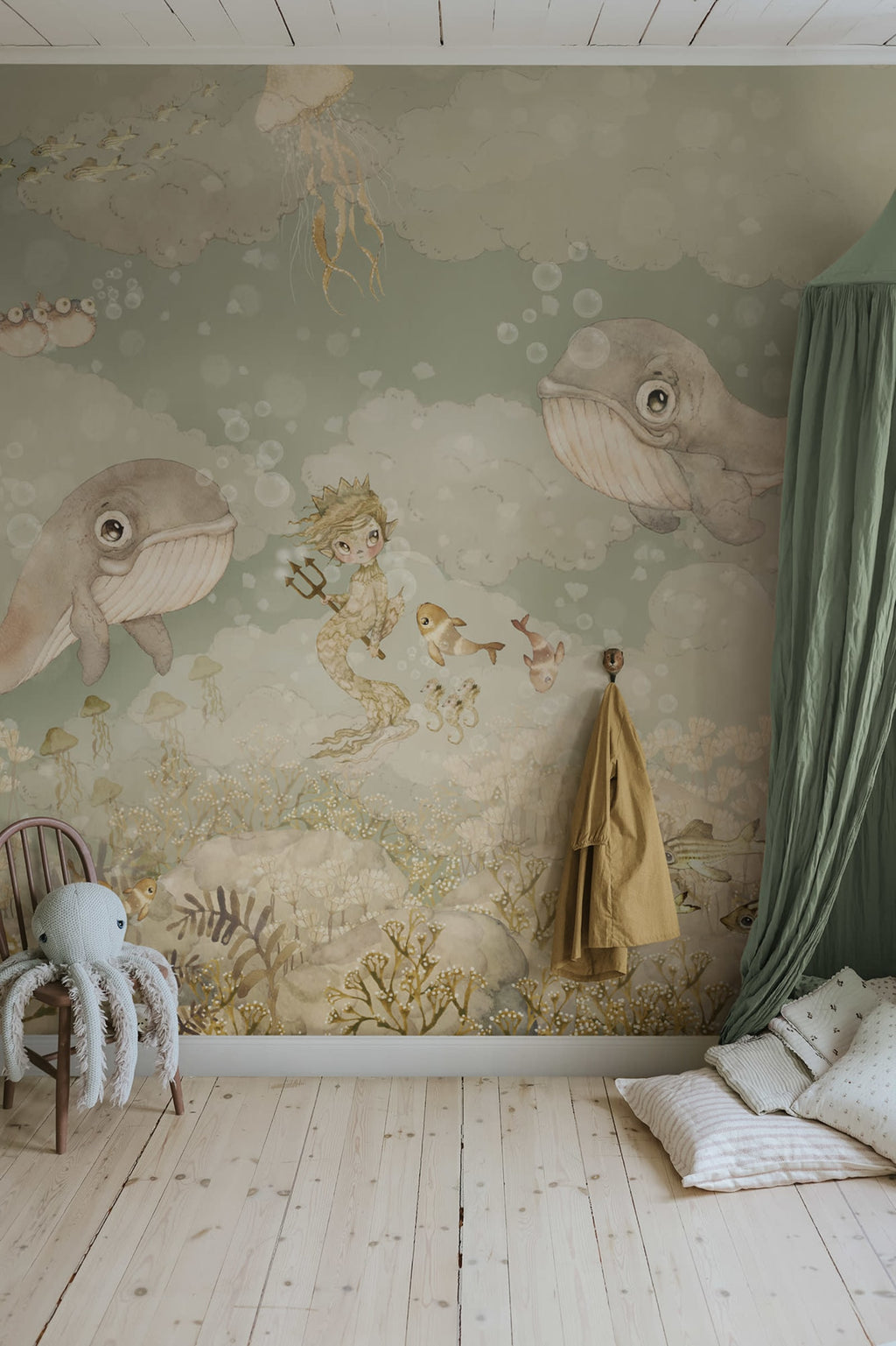 Water Song kids wall mural by Rebel Walls in green tones, styled in a nursery