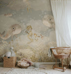 Water Song kids wall mural by Rebel Walls in blue tones, styled in a nursery, styled on an interior wall