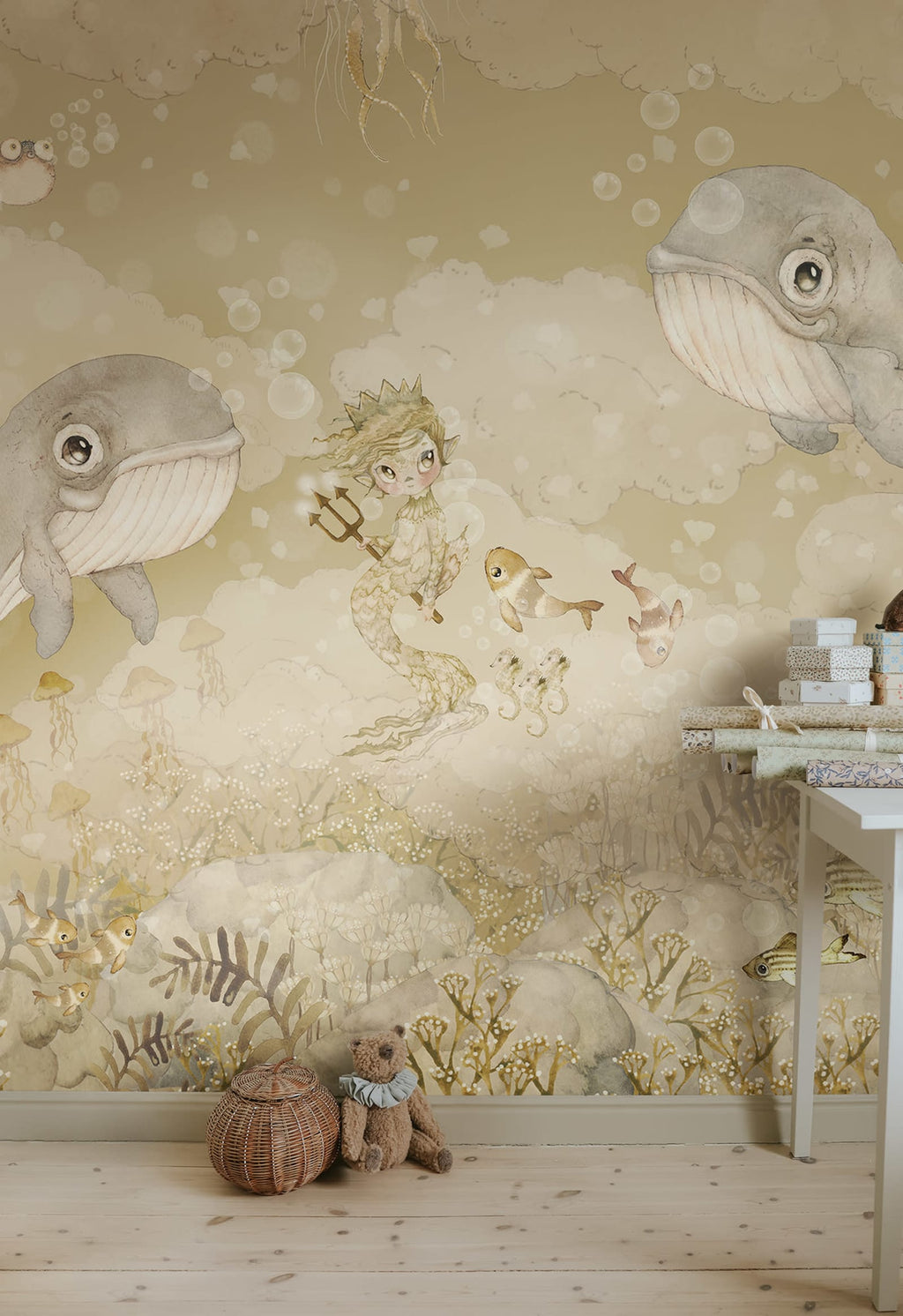 Water Song kids wall mural by Rebel Walls in beige tones, styled in a nursery