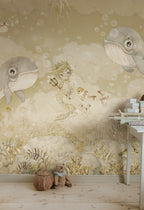 Water Song kids wall mural by Rebel Walls in beige tones, styled in a nursery