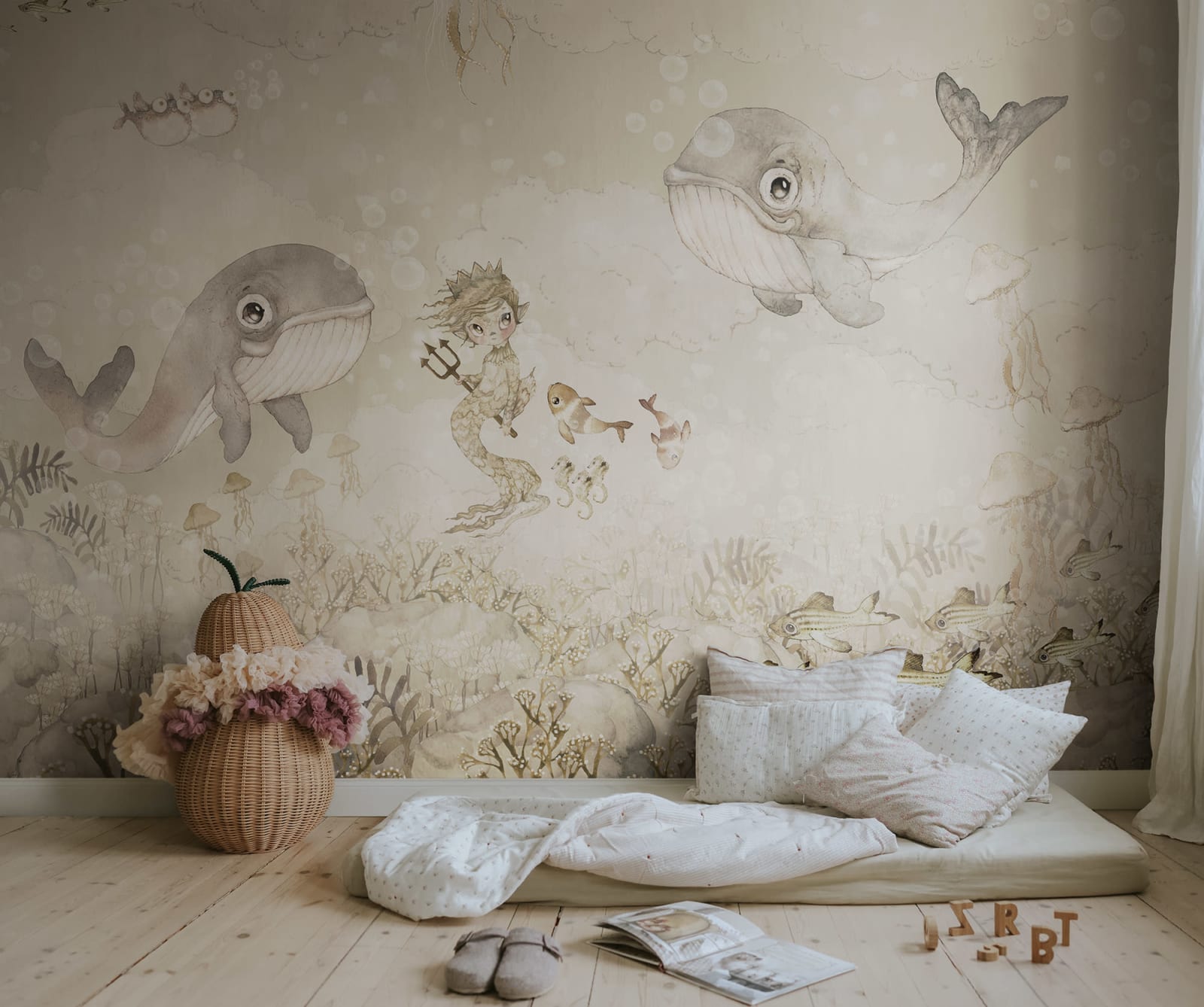 Water Song kids wall mural by Rebel Walls in white tones, styled in a nursery