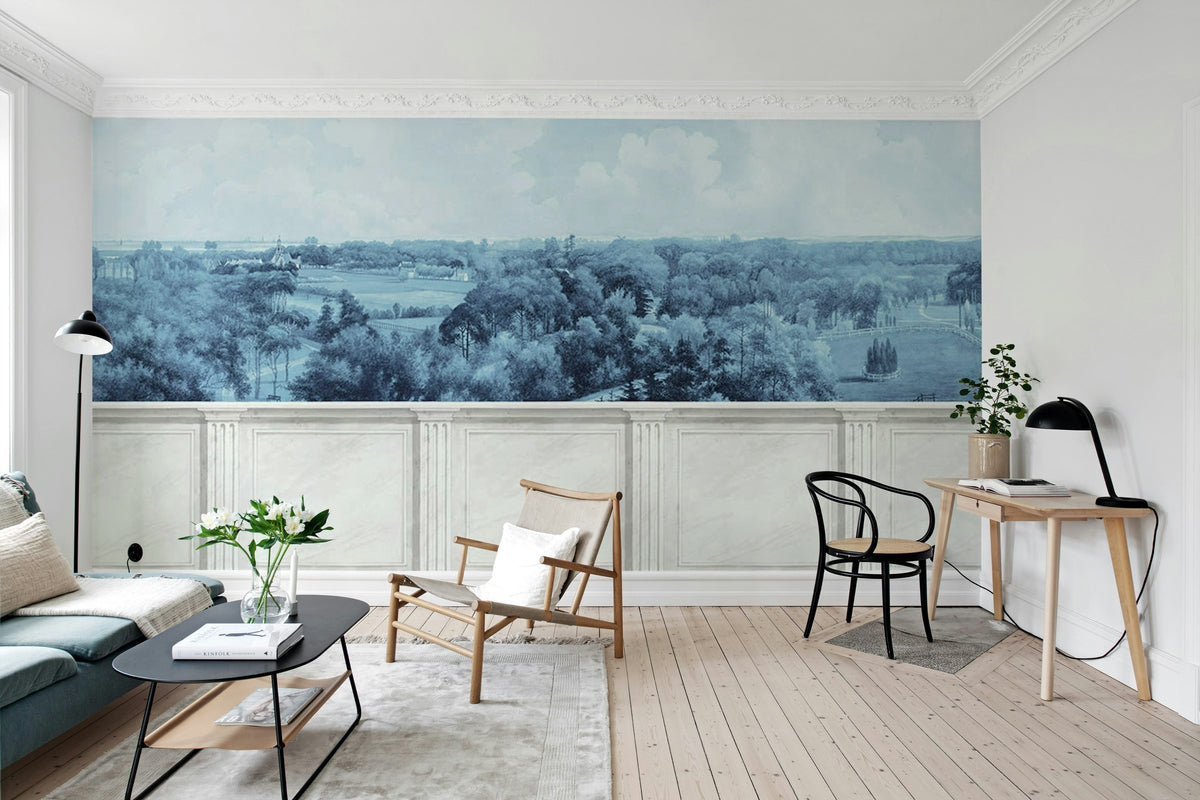 Panorama Views wall mural by Rebel Walls in Blue, styled room