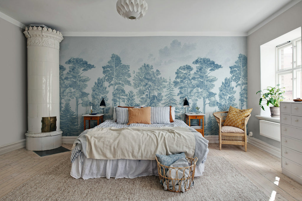 Scandinavian Bellewood wall mural by Rebel Walls in Blue, styled room