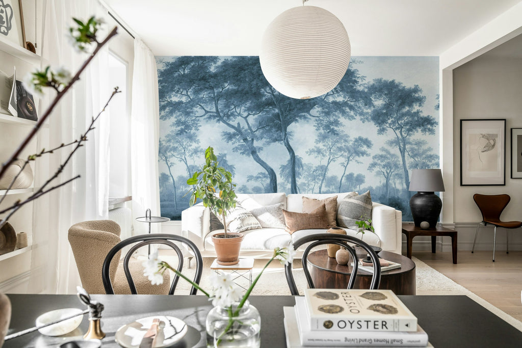 The Green Forest wall mural by Rebel Walls in Blue, styled room
