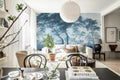 The Green Forest wall mural by Rebel Walls in Blue, styled room