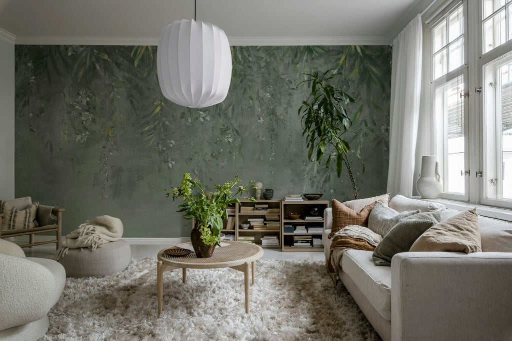 Honolulu wall mural by Rebel Walls in Green – Dark Green, styled room