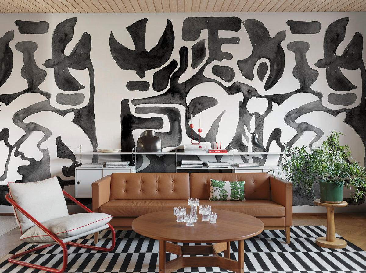 Harmony Forms wall mural by Rebel Walls in Black, styled room