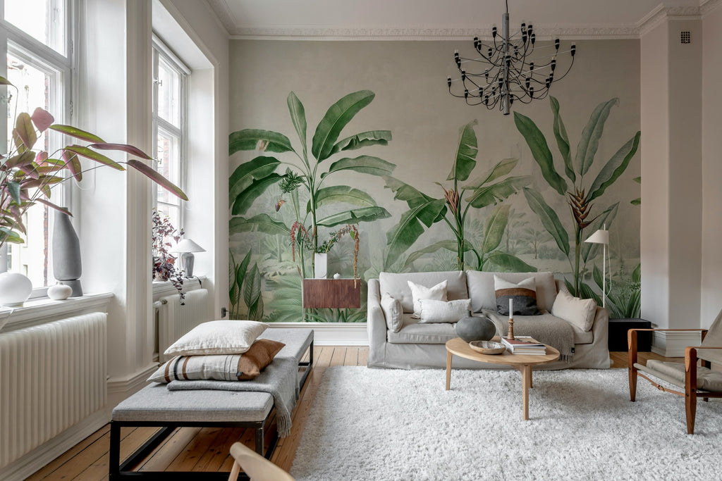 Tropical Palms wall mural by Rebel Walls in Green, styled room