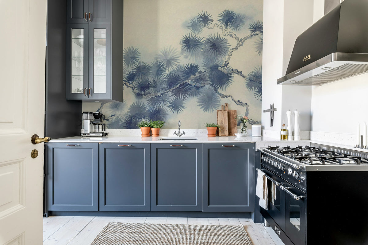 Pine Branch wall mural by Rebel Walls in Blue, styled room