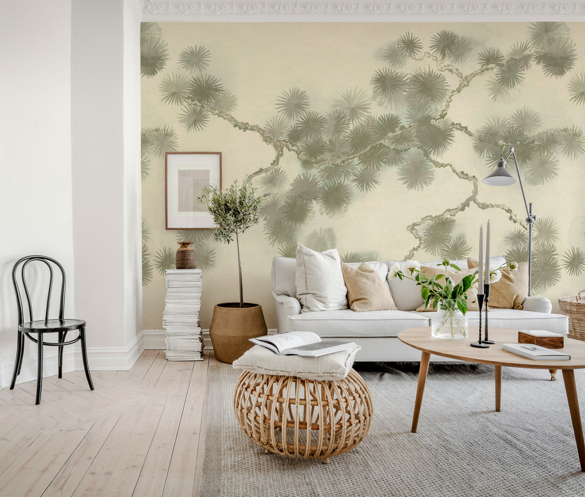 Pine Branch wall mural by Rebel Walls in Beige, styled room
