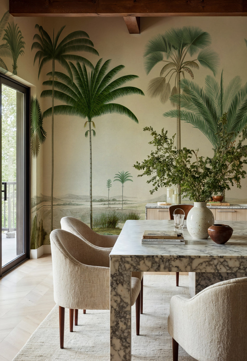Vintage Palms wall mural by Rebel Walls in Green, styled room