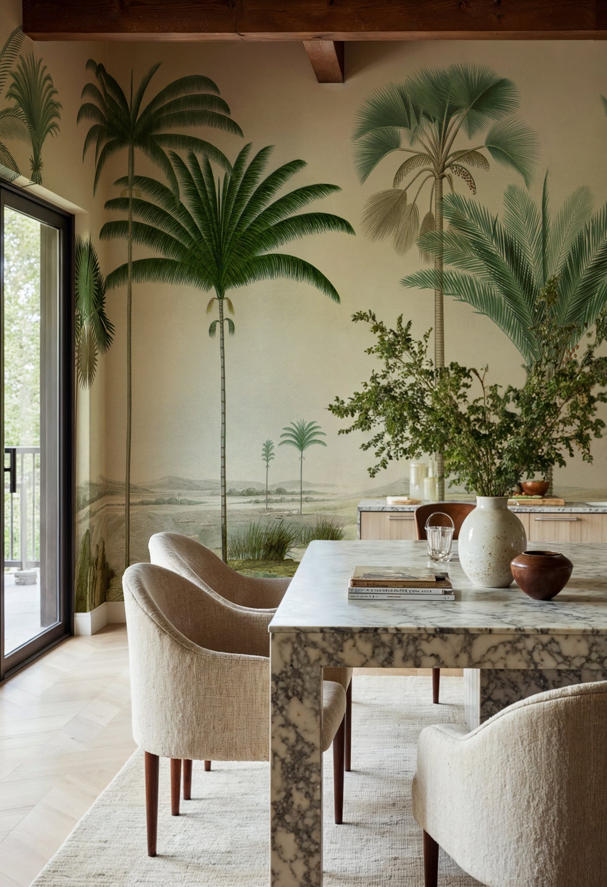 Vintage Palms wall mural by Rebel Walls in Green, styled room