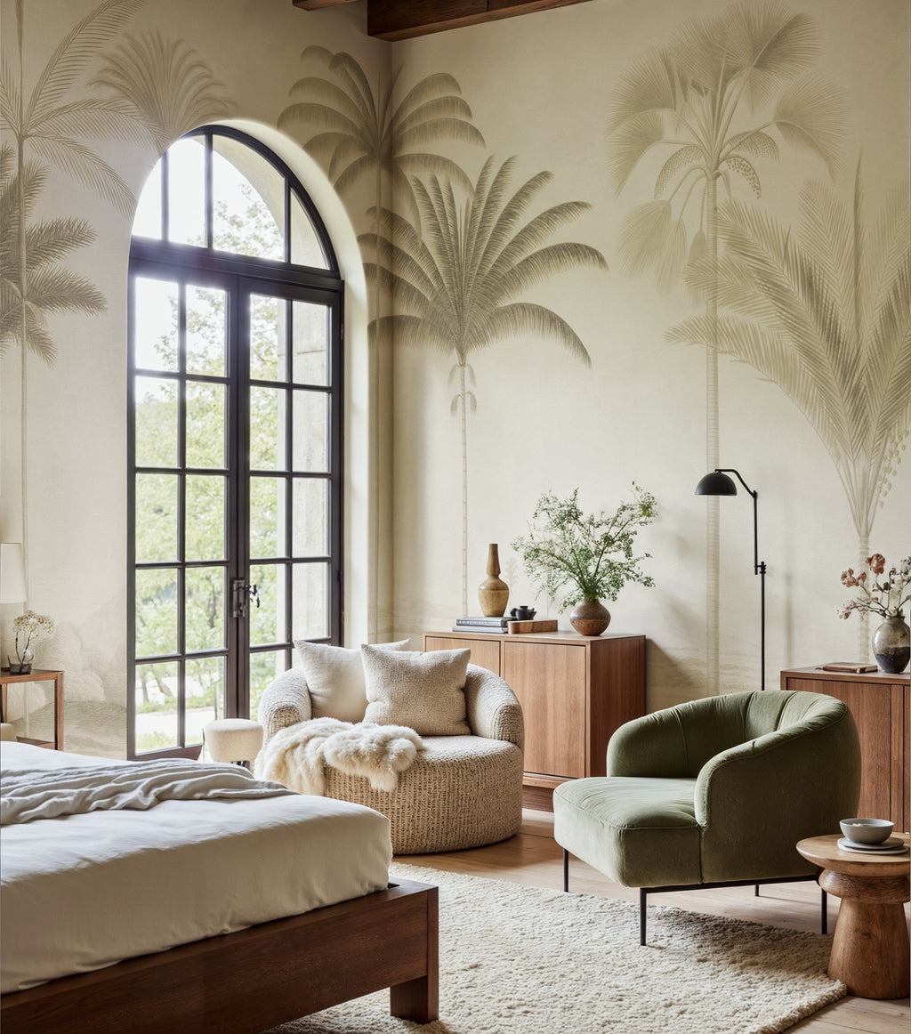 Vintage Palms wall mural by Rebel Walls in Beige, styled room