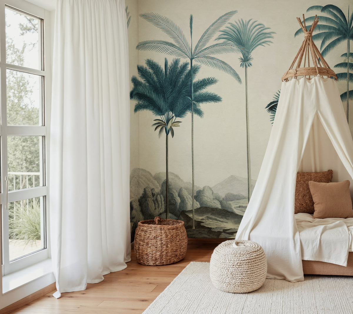 Vintage Palms wall mural by Rebel Walls in Blue, styled room