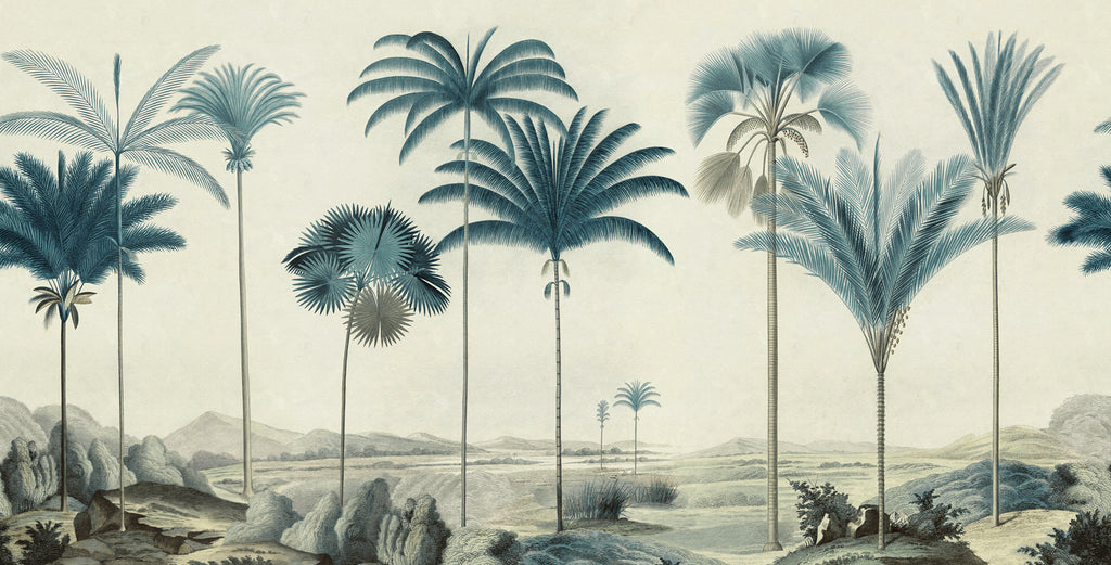 Vintage Palms wall mural by Rebel Walls in Blue, flat swatch