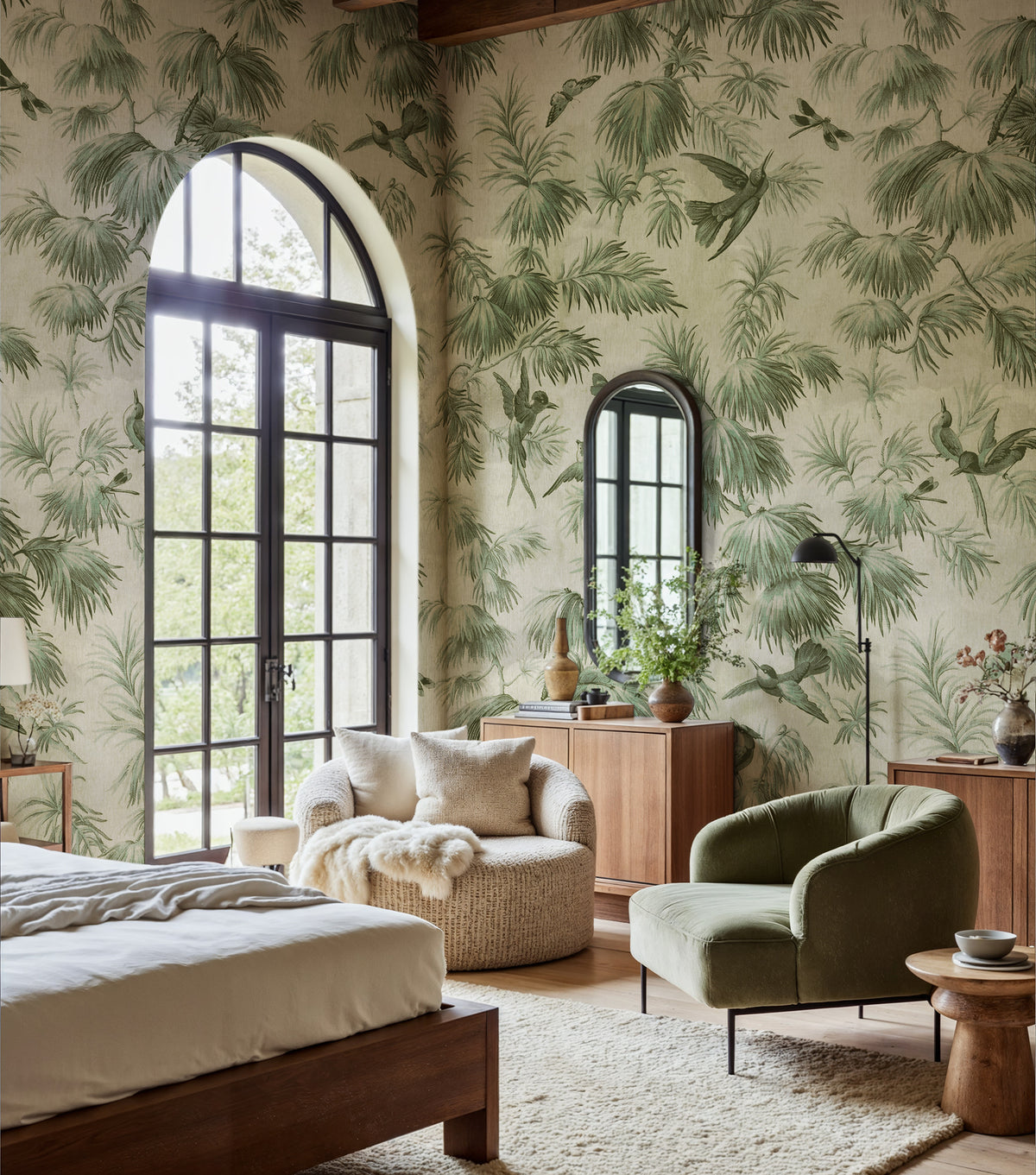 Humming Harmony wall mural by Rebel Walls in Green, styled room