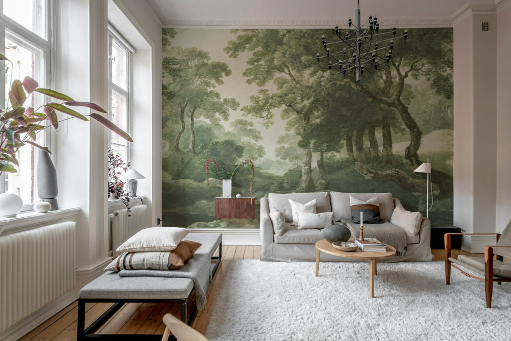 The Vintage Grove wall mural by Rebel Walls in Green – Spring Green, styled room