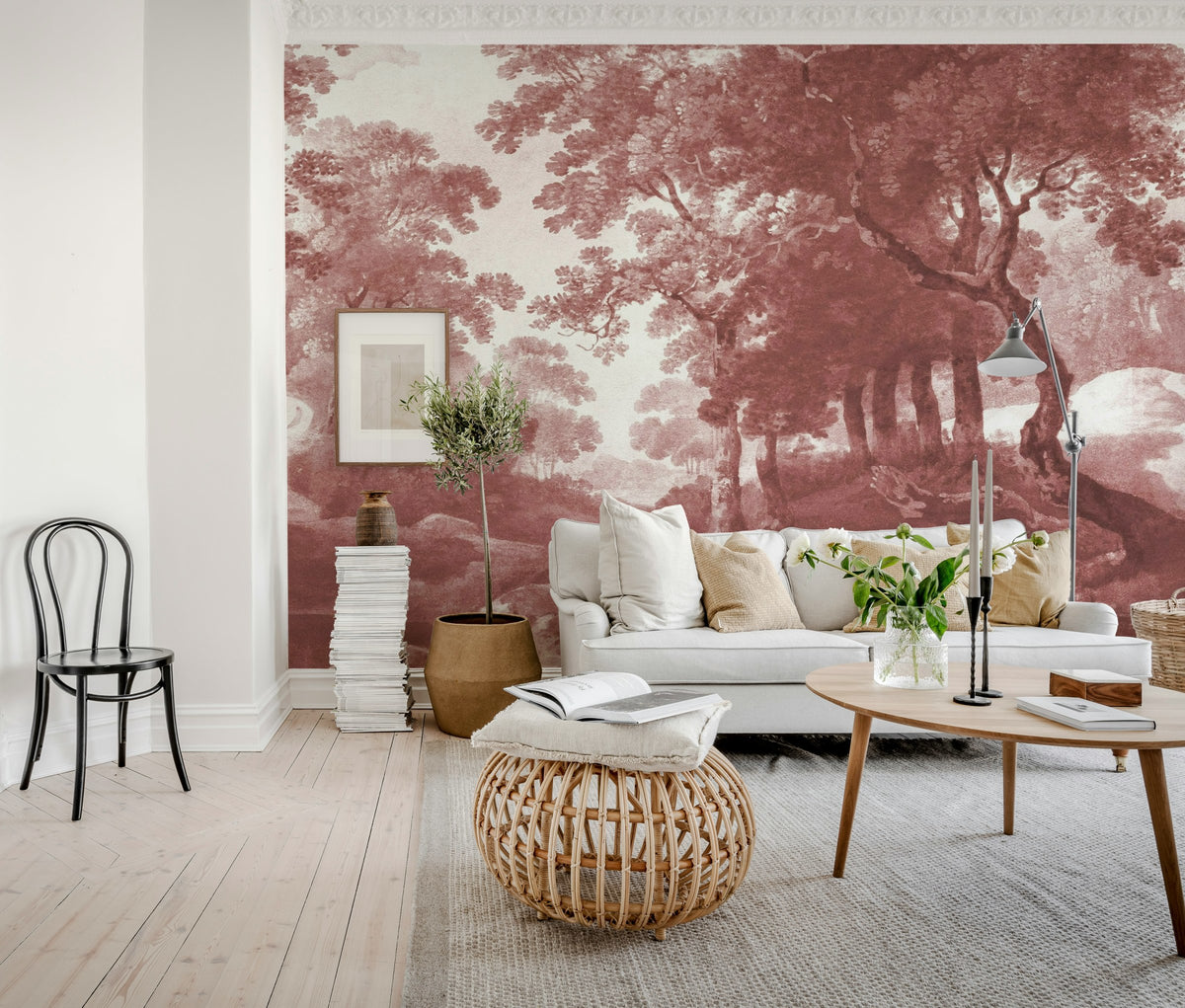 The Vintage Grove wall mural by Rebel Walls in Red – Burgundy, styled room