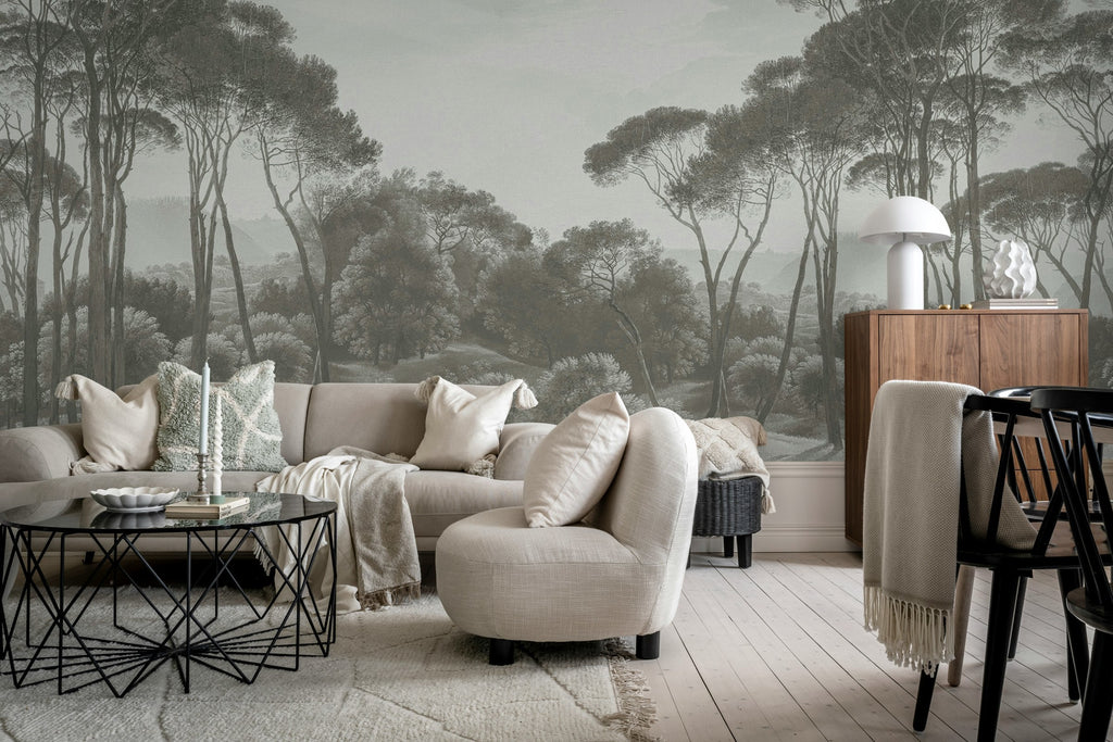 Pine Wood wall mural by Rebel Walls in Grey, styled room