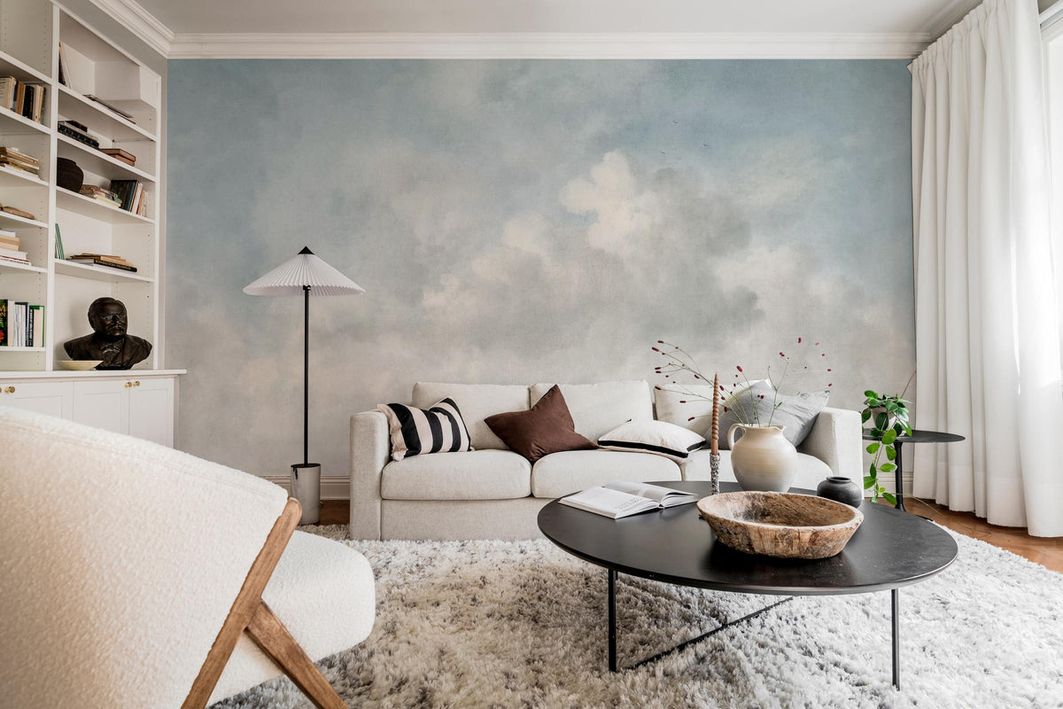 Vintage Clouds wall mural by Rebel Walls in Light Blue, styled room