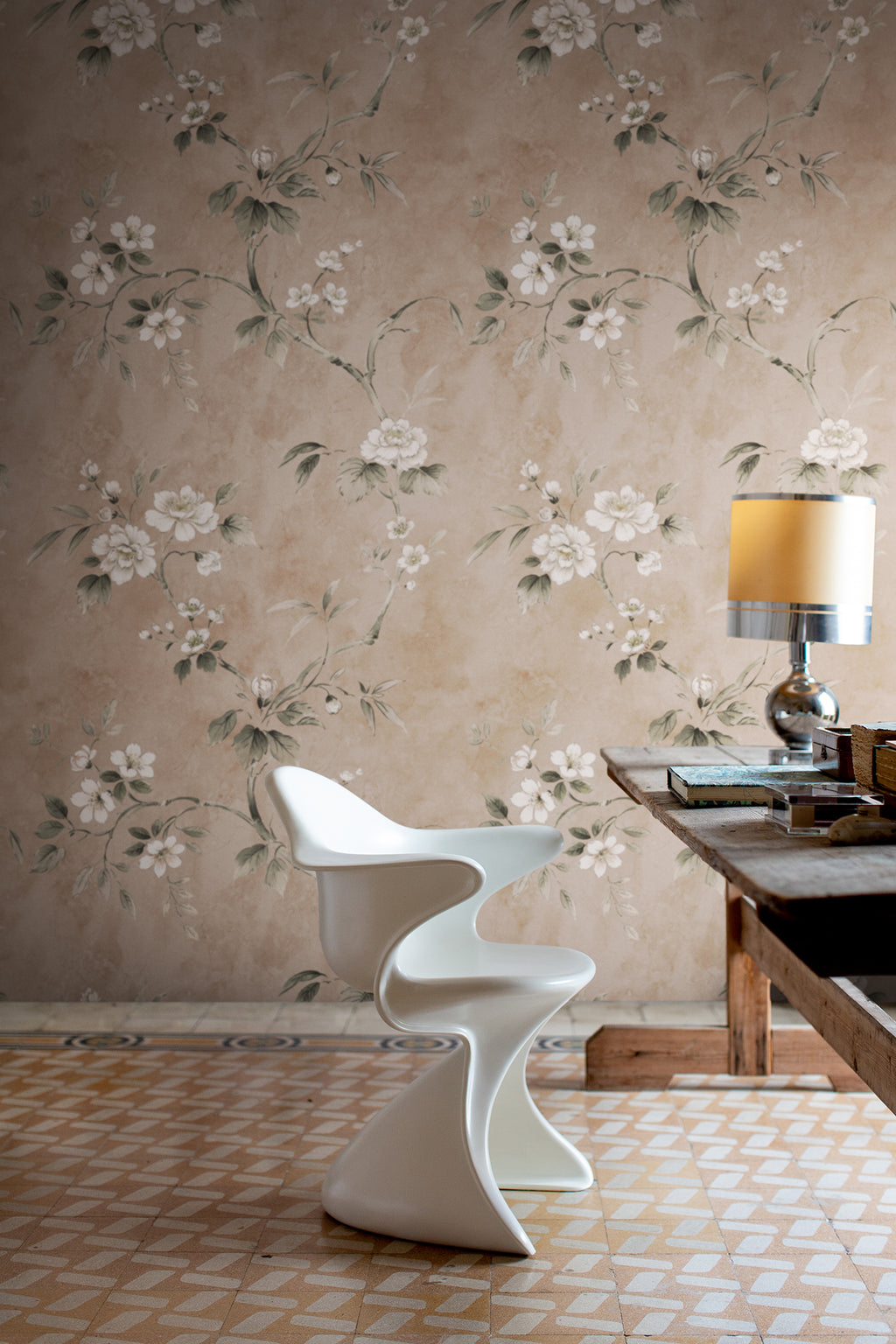 Poetic Flora wall mural by Rebel Walls in Pink, styled room