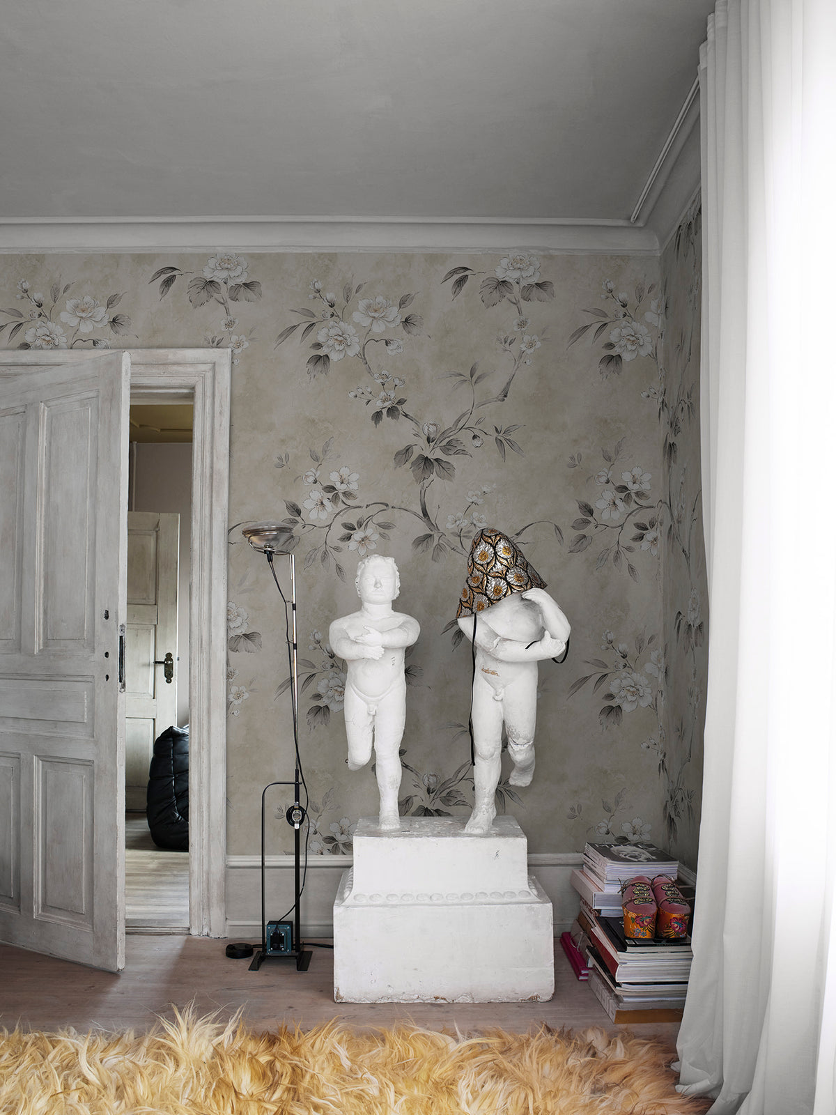 Poetic Flora wall mural by Rebel Walls in Beige, styled room