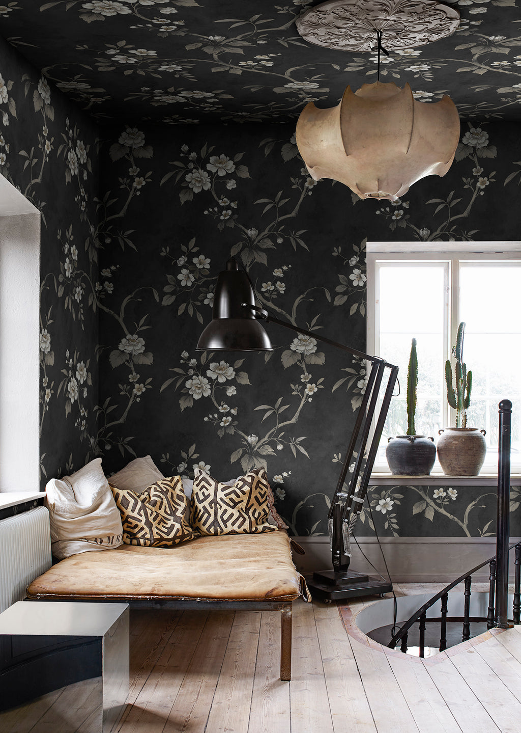 Poetic Flora wall mural by Rebel Walls in Black, styled room